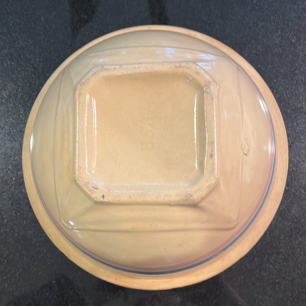 Antique (1930s) McCoy Yellow Ware Stoneware Bowl with Blue & Pink Stripes - Picture 9 of 14
